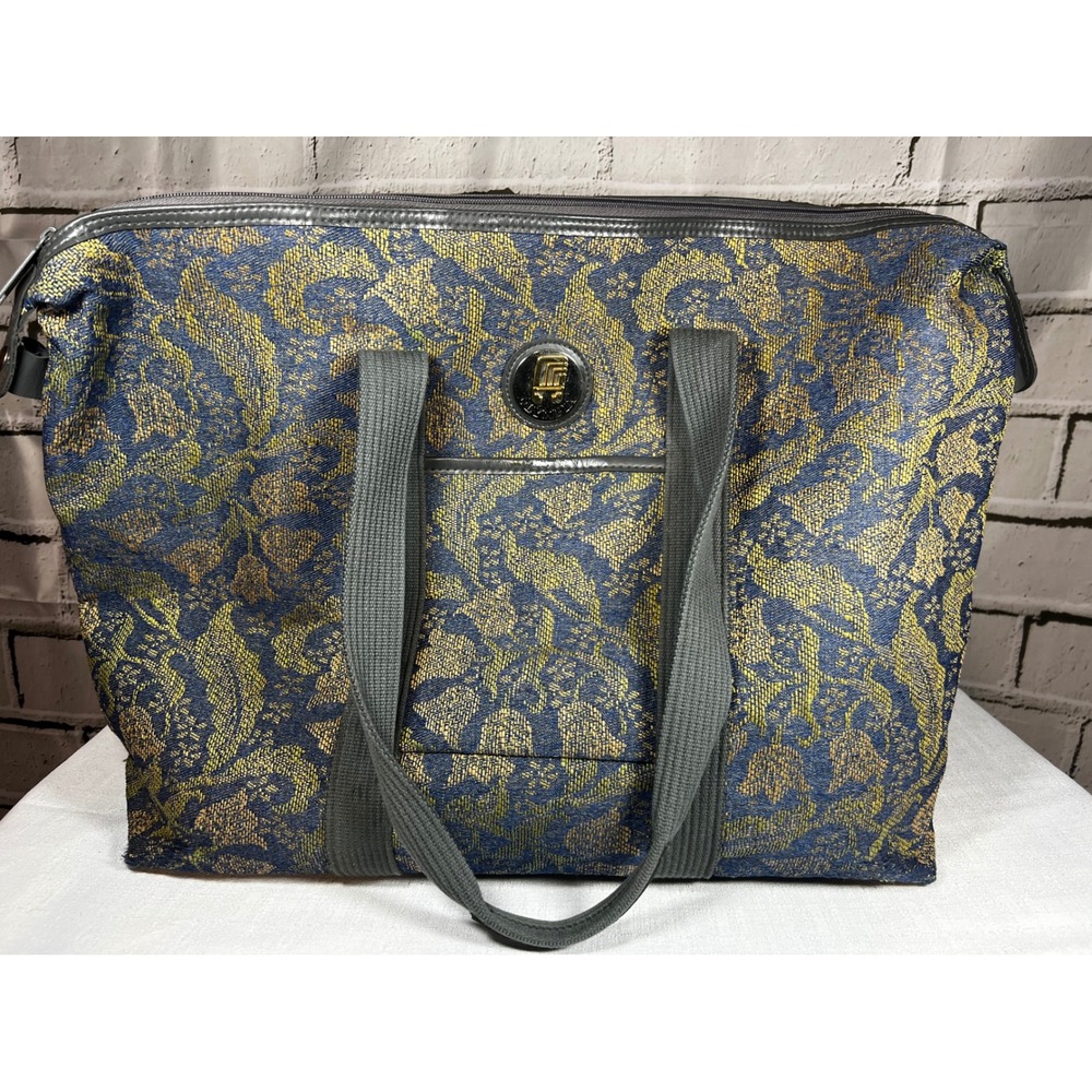 Vintage 80s Olympia Travelers Friend Tapestry Tote Bag Blue Gold Floral Large